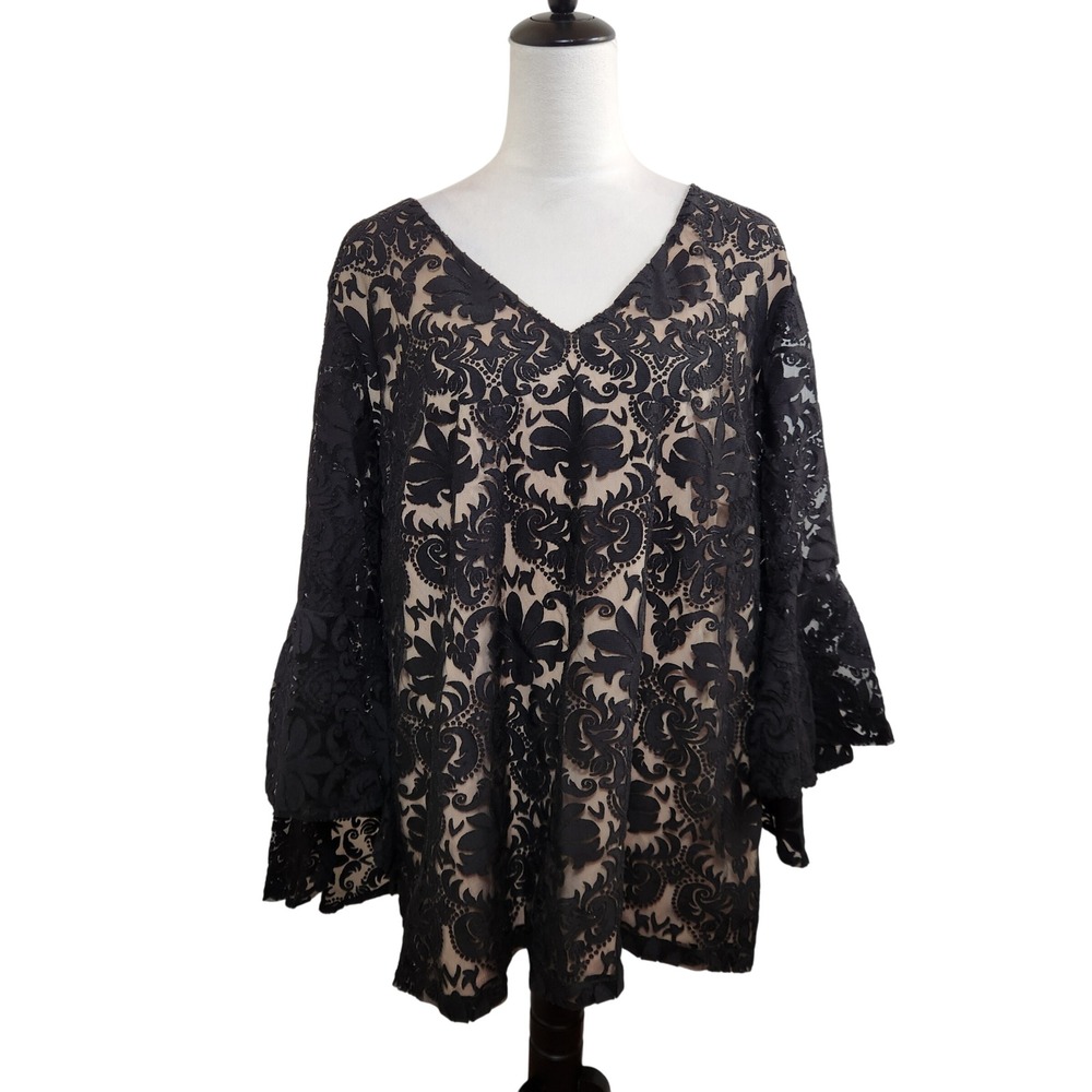 Roz & Ali Black Floral Lace‎ Bell Sleeve V Neck Blouse Top Womens 3X Whimsigoth
